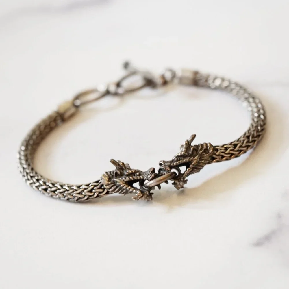 Sterling Silver Dragon Head Toggle Bracelet โ Vintage 925 Braided Mesh Chain - Picture 2 of 6